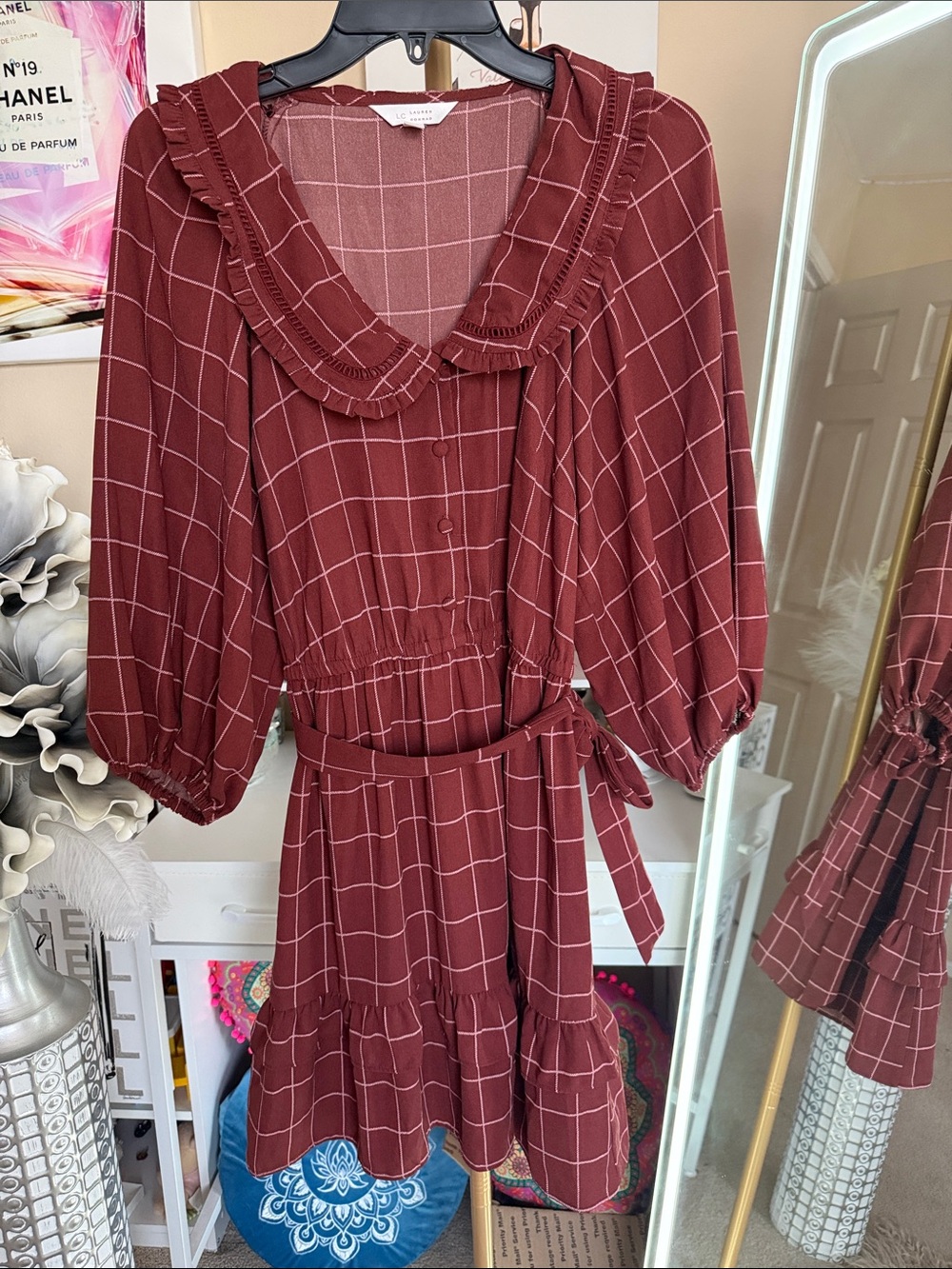 LC Lauren Conrad Burgundy Windowpane Ruffle-Collar Mini Dress